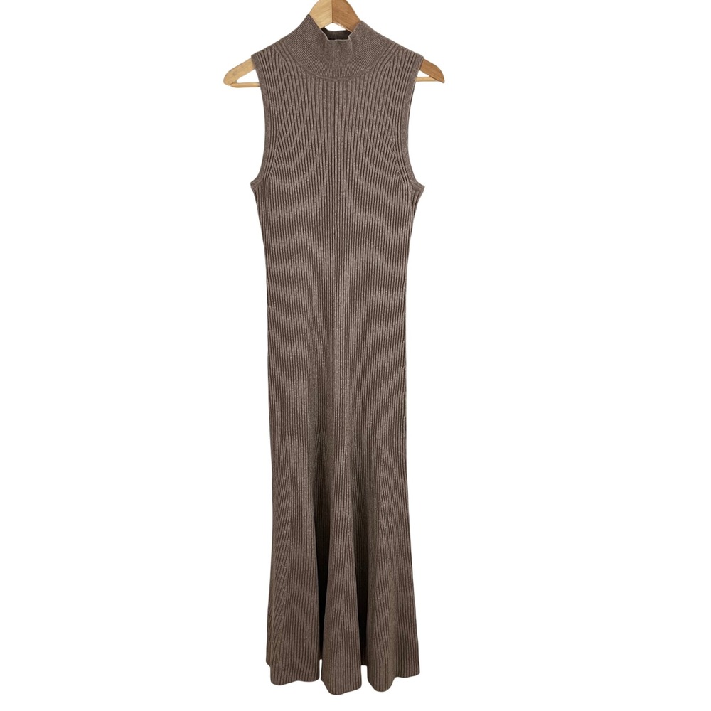 Gap Maxi Dress Women Large Warm Taupe Mock Neck Sleeveless Ribbed Knit 576247-01